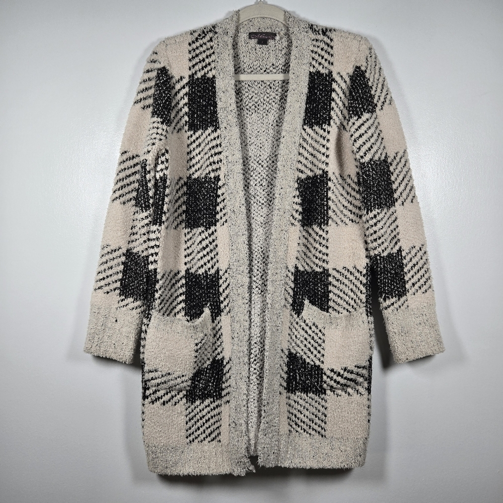 Metric Cozy Black Cream Plaid Cozy Long Open Front Cardigan Sweater Size Small
